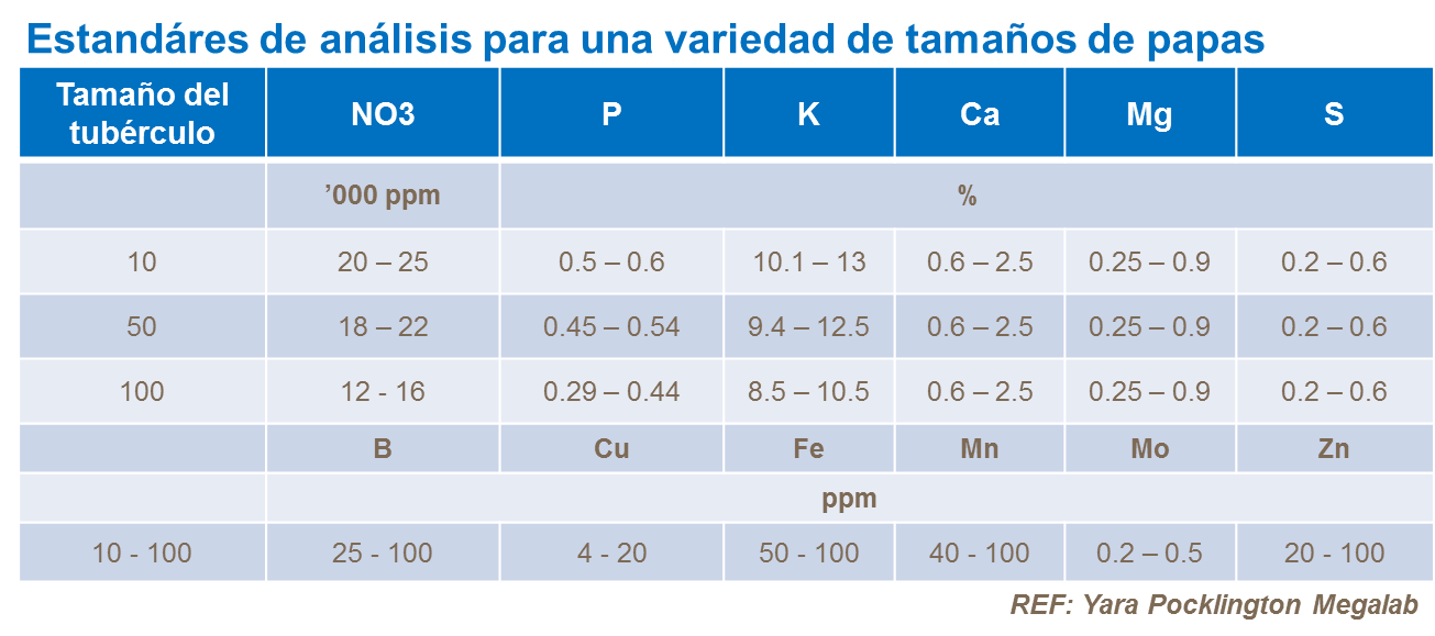 Estándares de análisis para una variedad de tamaño  de papa